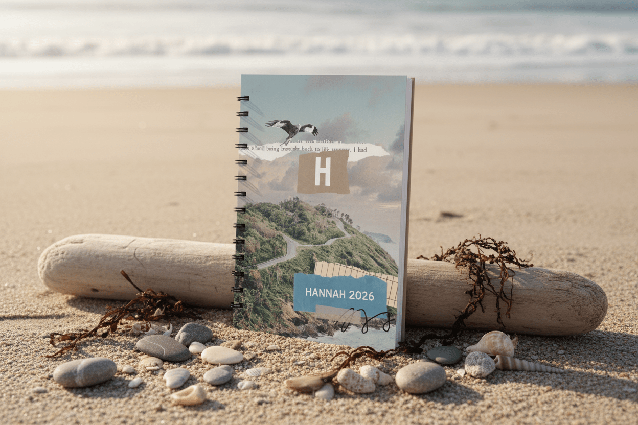 A5 wirobound notebook with monogram H and name Hannah 2026, coastal collage