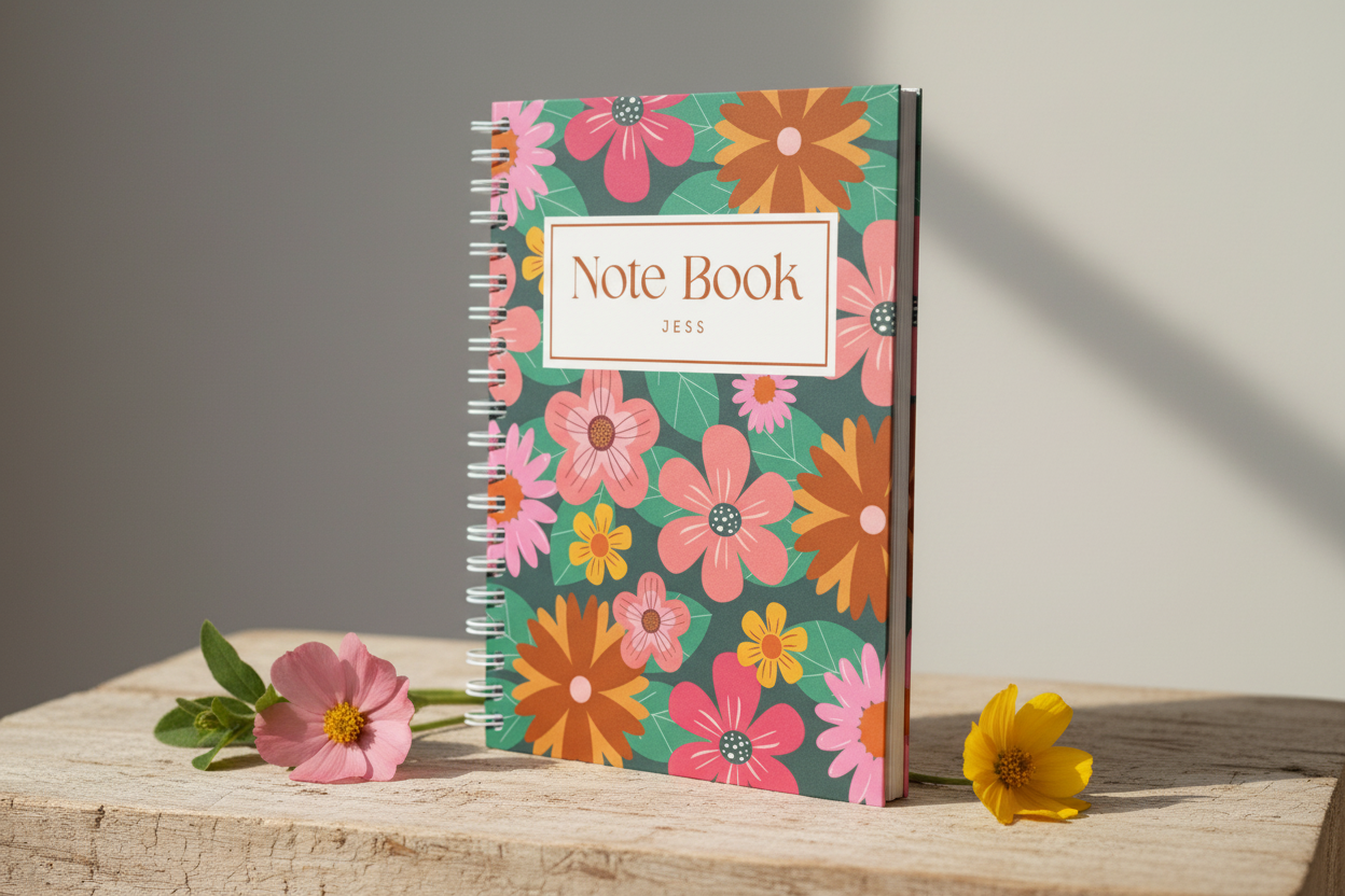 Side view of notebook standing with flowers at base