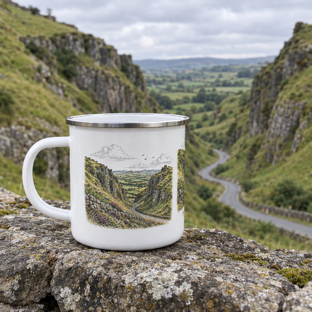 White enamel mug with silver rim, Winnats Pass landscape print on rocky outdoor backdrop.