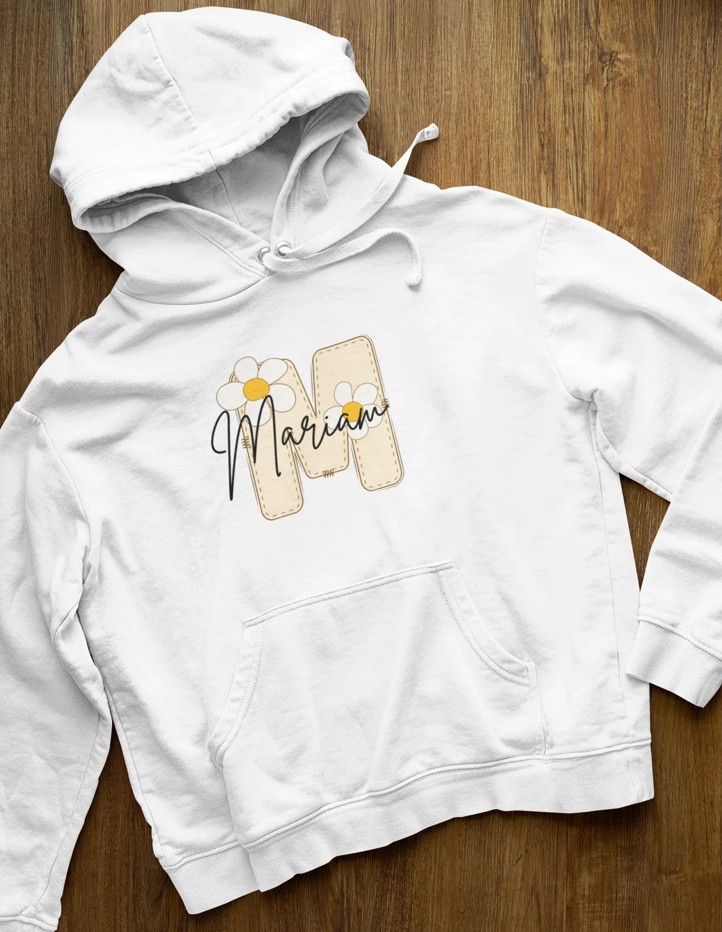 Kids white hoodie with floral personalised name graphic and front kangaroo pocket