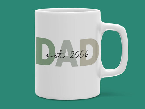 White ceramic coffee mug with DAD and Est. 2006 print on front