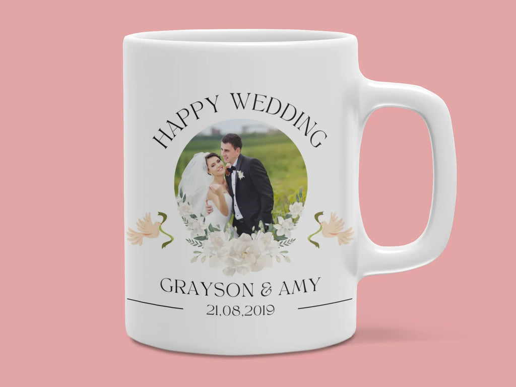 White wedding mug with couple photo, “Happy Wedding”, and date 21.08.2019