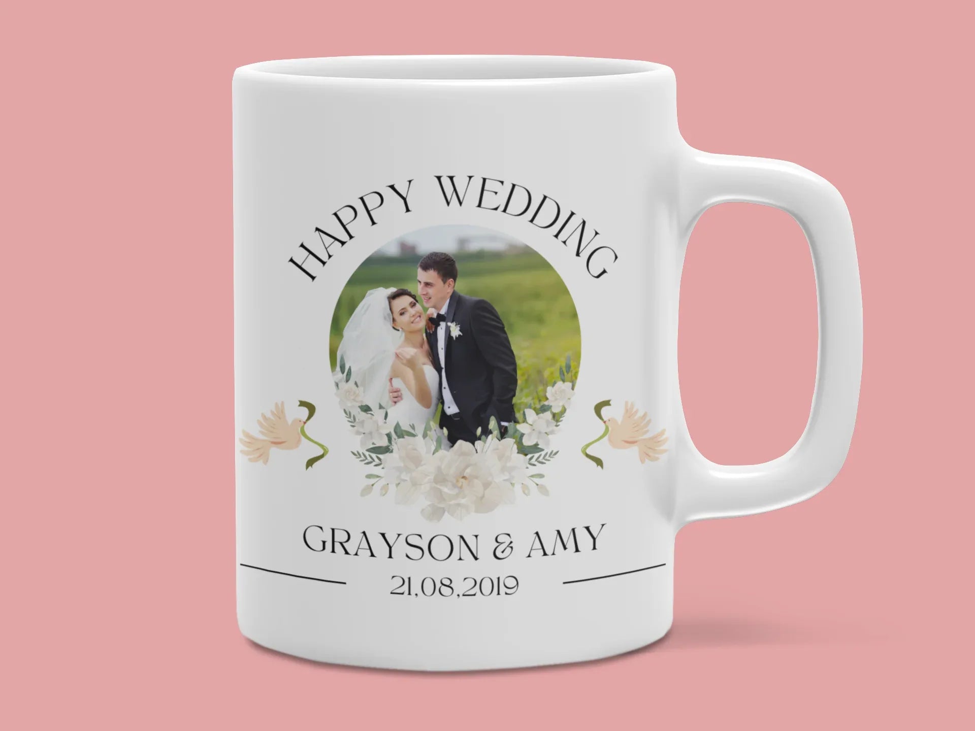 White wedding mug with couple photo, “Happy Wedding”, and date 21.08.2019