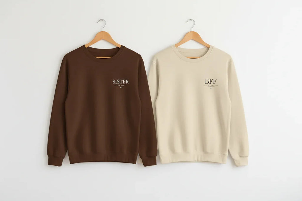 Brown and cream sweatshirts with SISTER and BFF text, crew neck