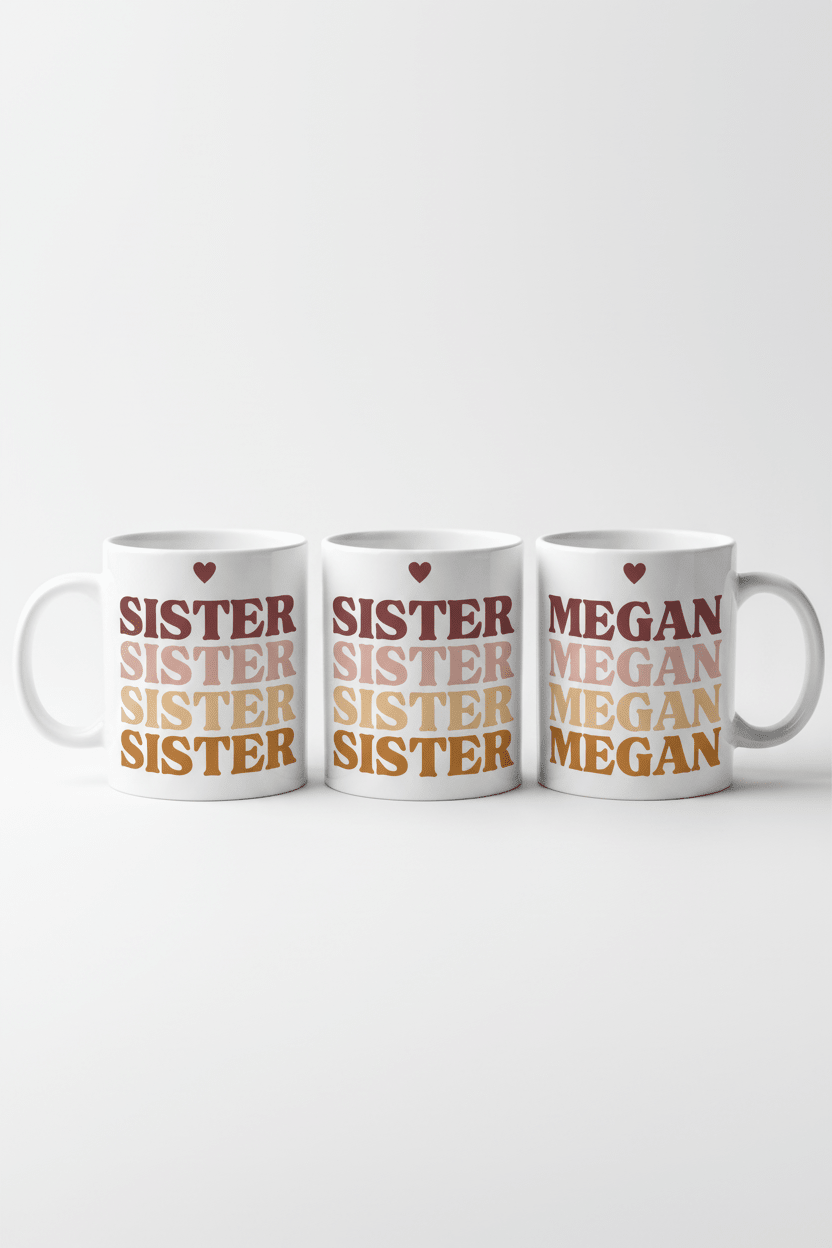 Set of three white mugs, with SISTER and MEGAN stacked text and heart icons