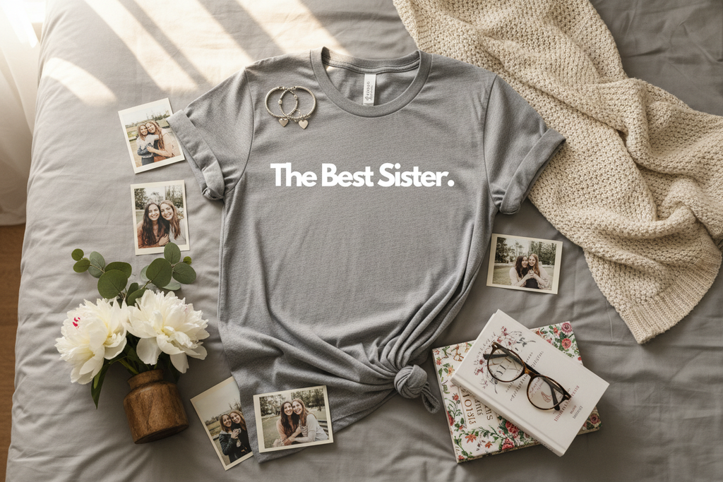 Gray custom text T-shirt with “The Best Sister” chest print.