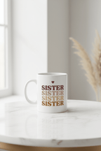 White mug on table with stacked SISTER words and small heart icon
