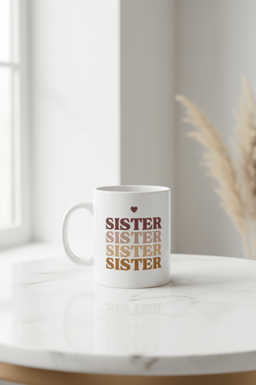 White mug on table with stacked SISTER words and small heart icon