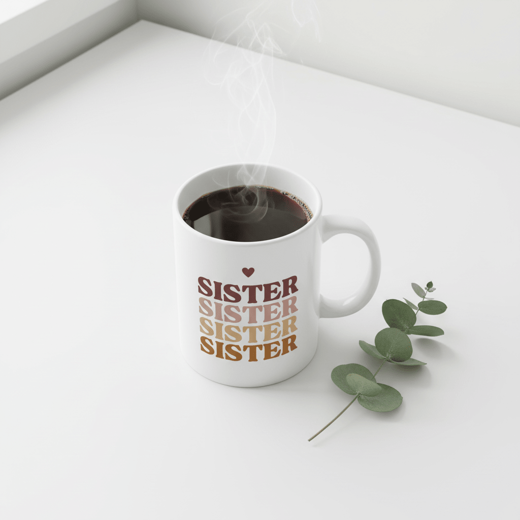 Personalised white mug with stacked “SISTER” text and a small heart above the design.