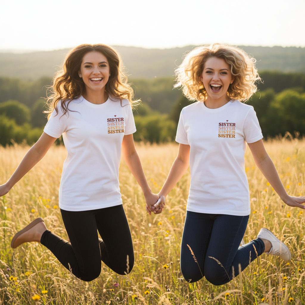 White t-shirt with stacked multicolor SISTER text graphic