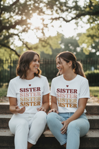 White t-shirt with stacked SISTER text graphic