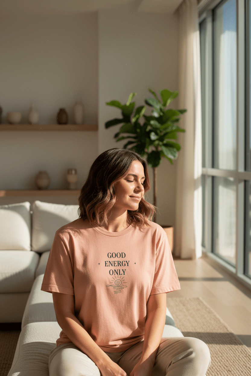 Peach T-shirt worn by a person, with 'Good Energy Only' chest graphic