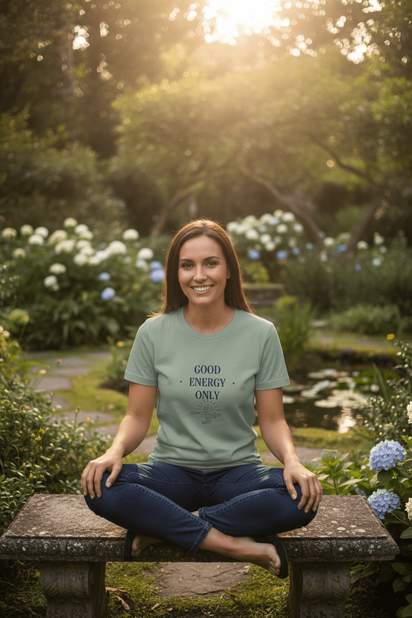 Teal crew-neck T-shirt with “GOOD ENERGY ONLY” graphic on the chest, worn by model
