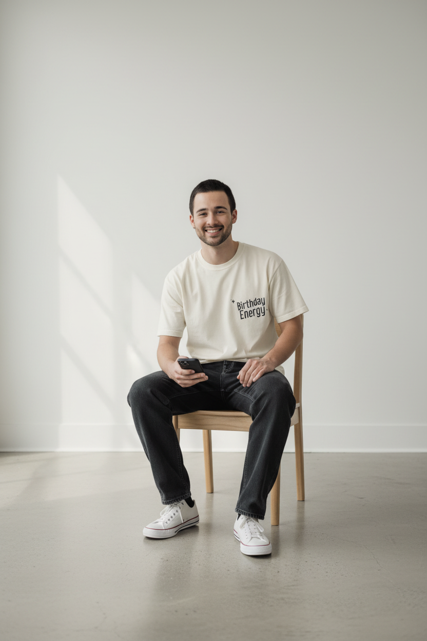 White crew-neck short-sleeve T-shirt with small 'Birthday Energy' graphic