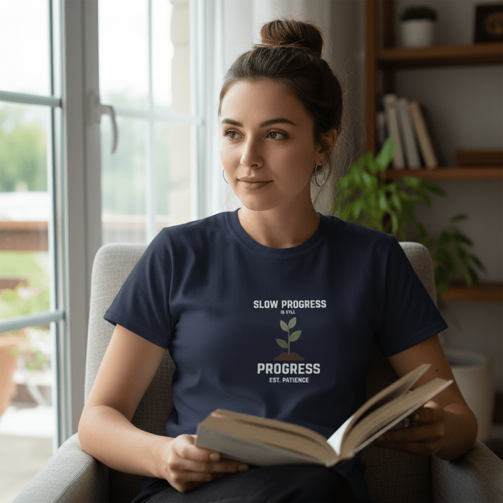 Navy motivational T-shirt with plant graphic and 'Slow Progress' and 'Progress' text