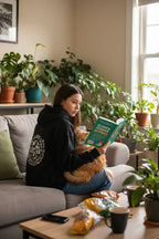 Black hooded sweatshirt with circular “Save the Planet” graphic on the back