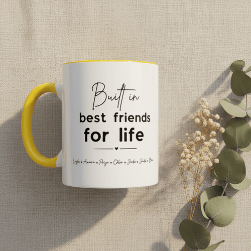 Personalised coffee mug with yellow handle, “Best friends for life” text with hearts