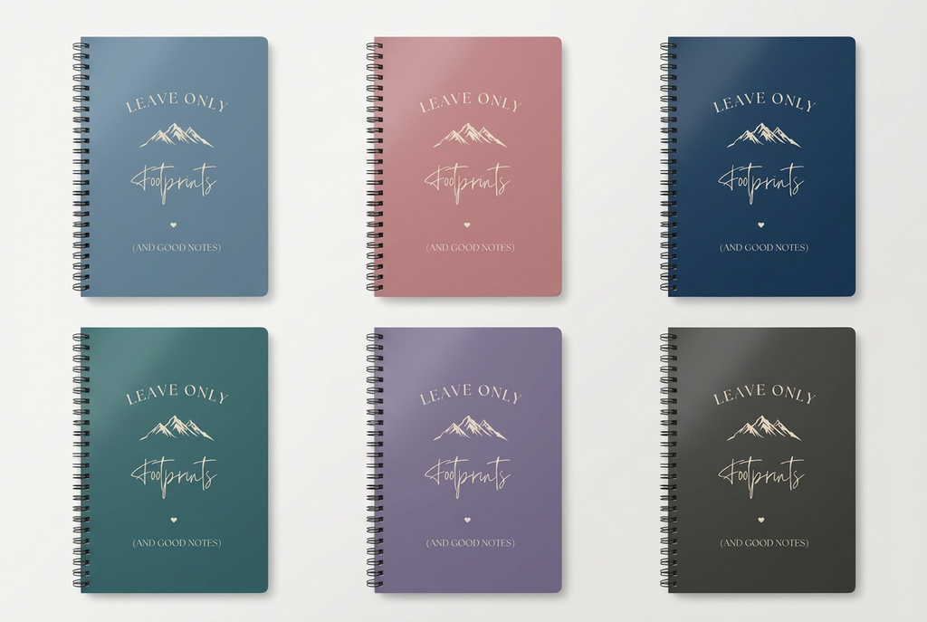 A5 hiking notebook with spiral binding, blue, pink, and dark cover designs