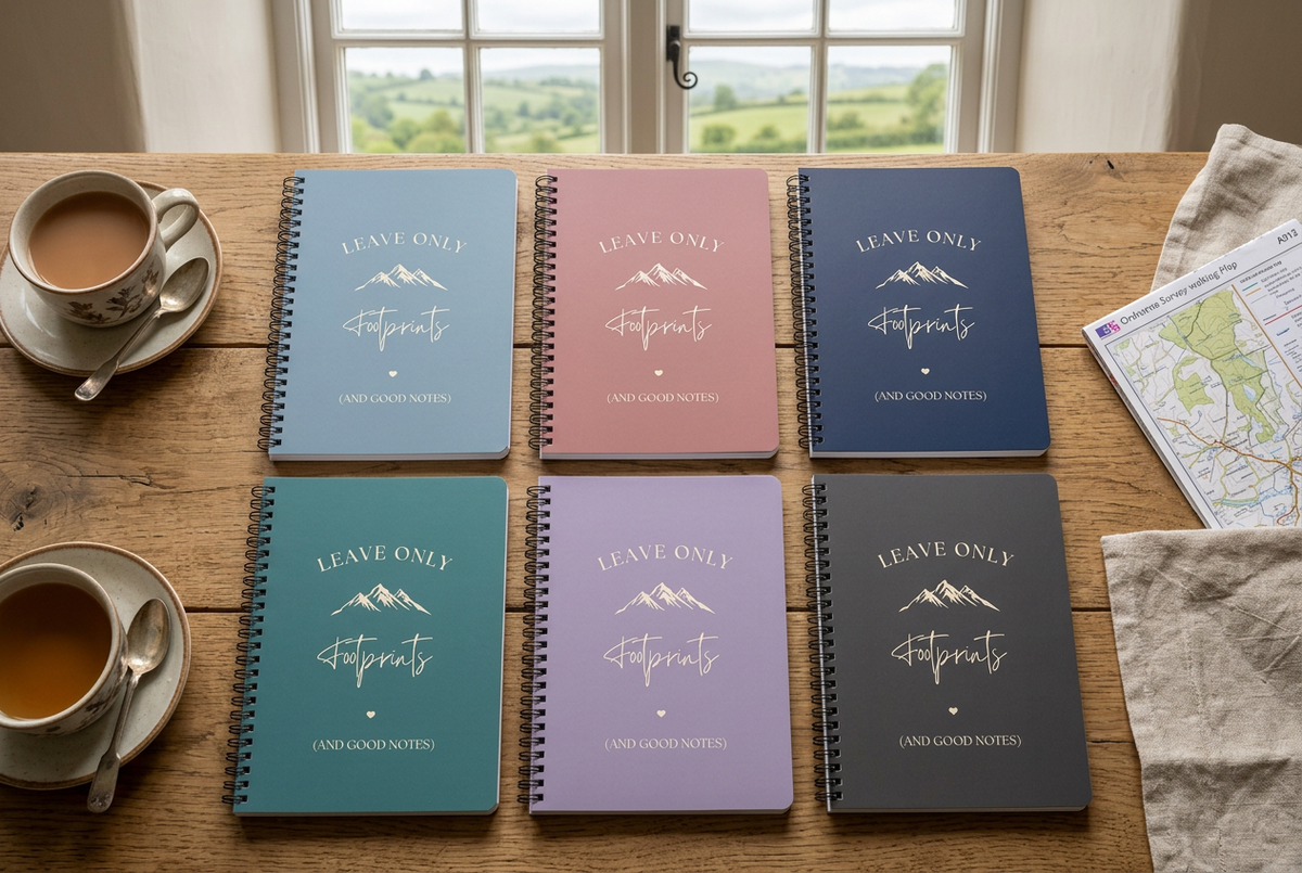 A5 hiking notebook set with spiral binding and cover text and footprints graphic