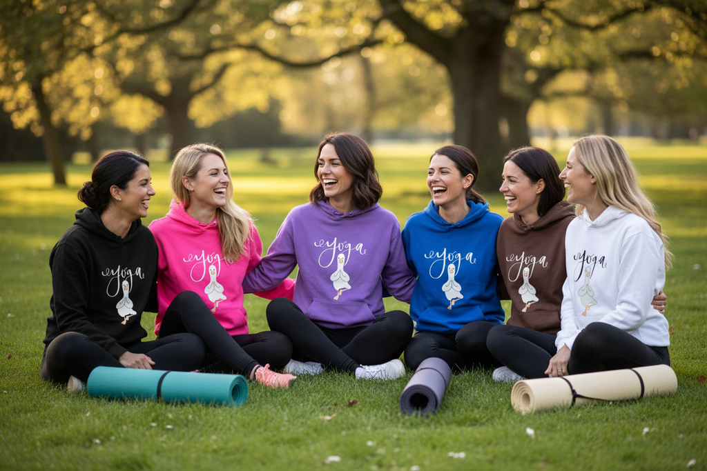 Yoga hoodies in mixed colors with duck graphic, pullover hood and kangaroo pocket