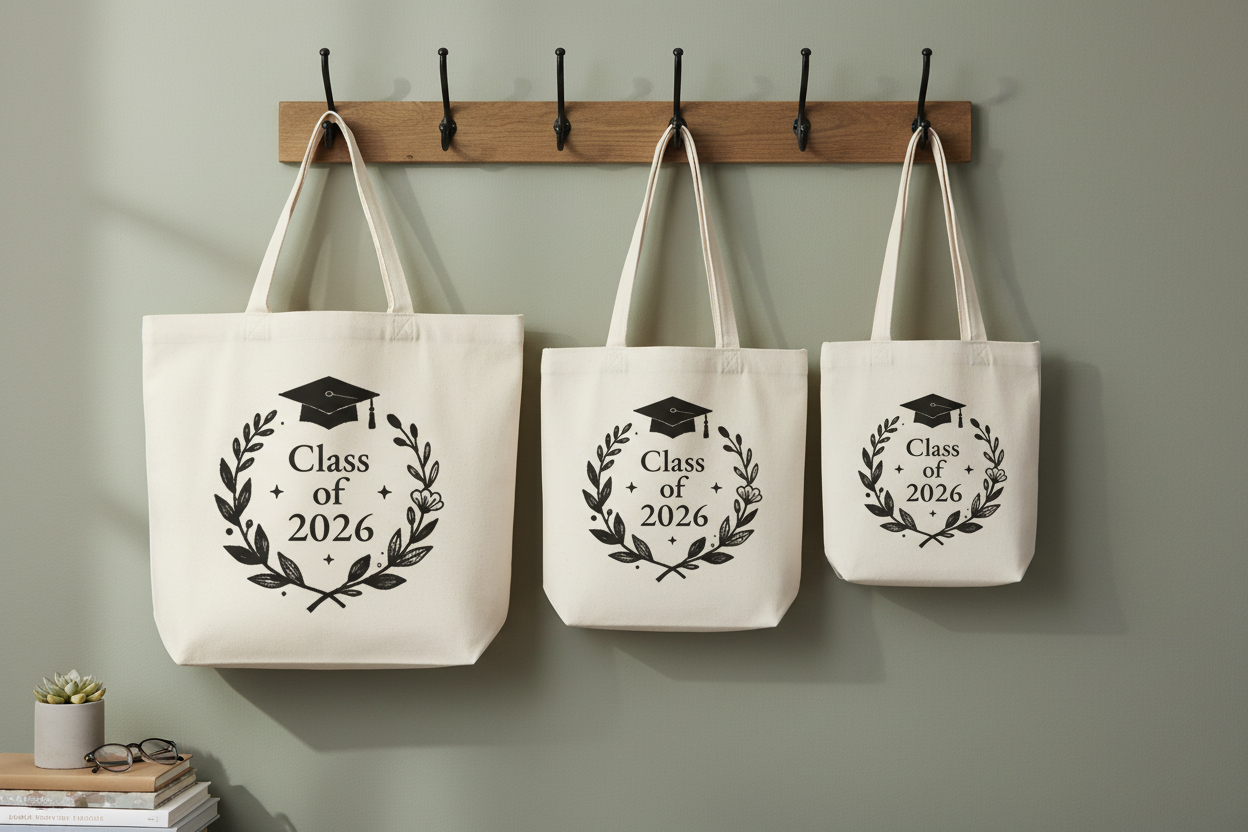 Set of three white graduation tote bags with Class of 2026 wreath and cap print
