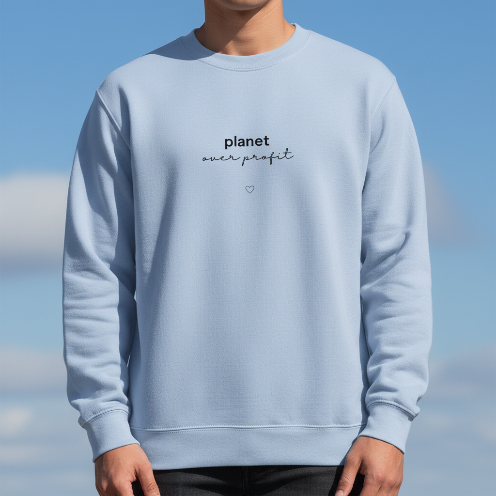 Light blue crewneck sweatshirt close-up showing 'planet over profit' chest print and heart