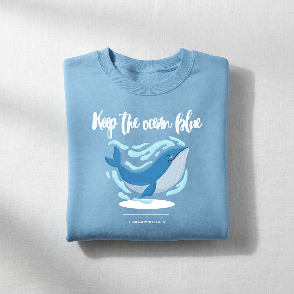 Light blue sweatshirt with 'Keep the ocean blue' whale graphic, crewneck