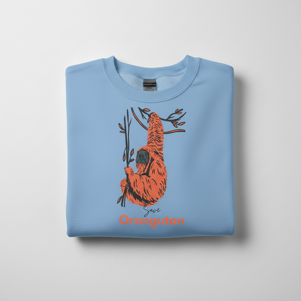 Sky blue sweatshirt with front orange orangutan graphic and red 'Orangutan' text