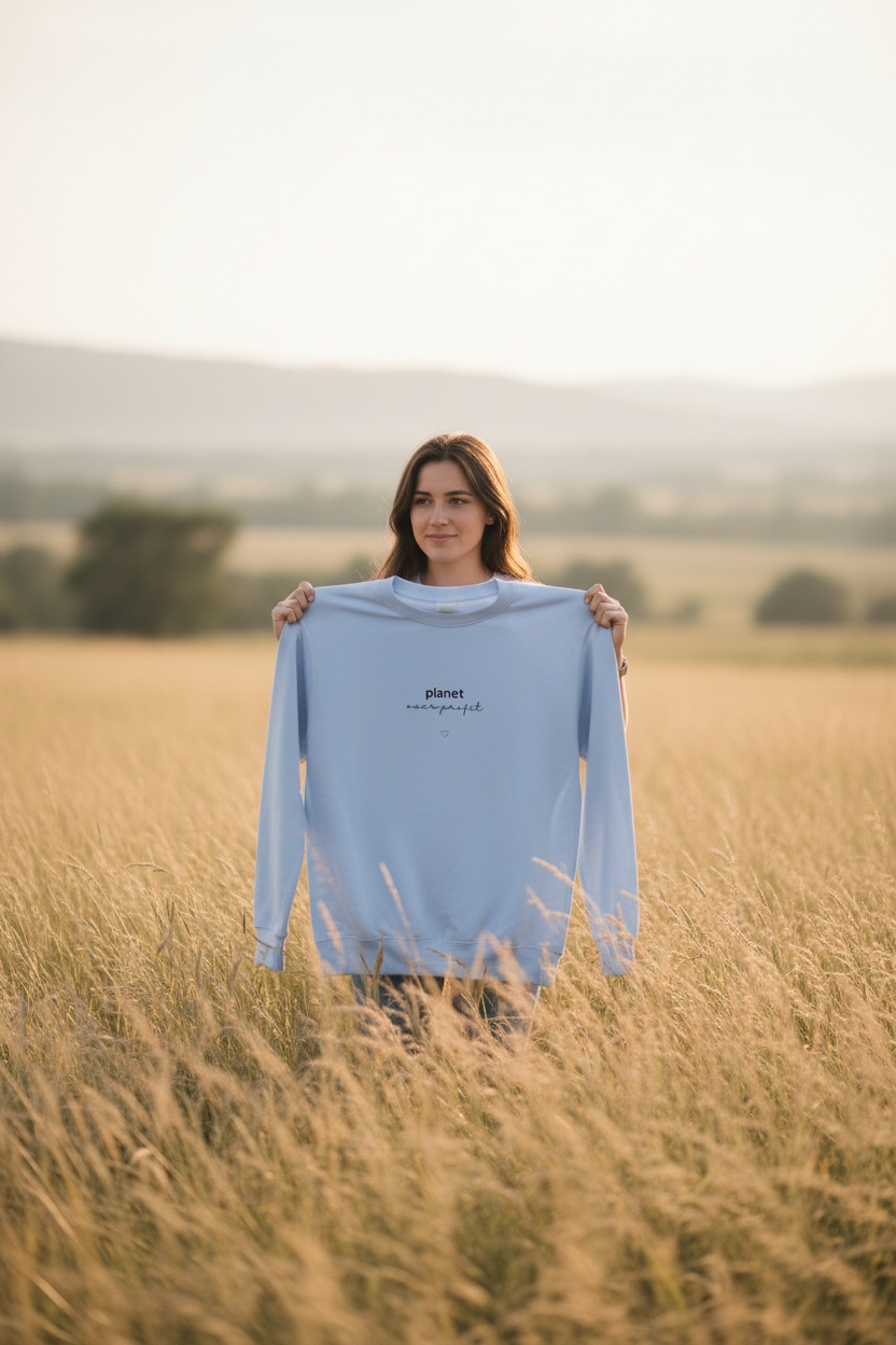 Sky blue crewneck sweatshirt with small chest logo and heart graphic