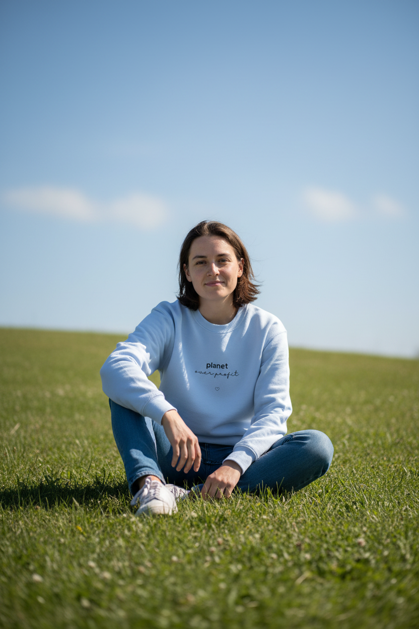 Light blue crewneck sweatshirt with 'planet over profit' logo at the chest