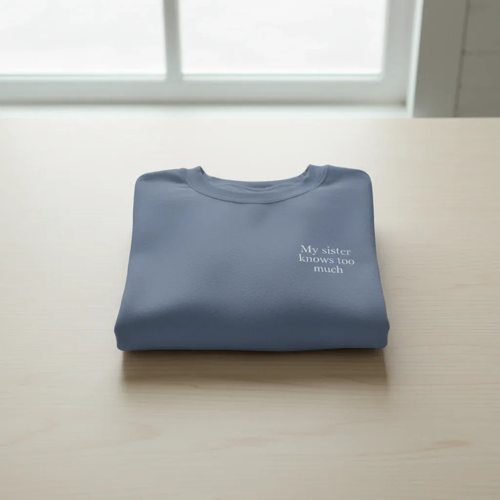 Blue crewneck sweatshirt with small chest text design