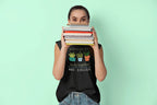 Black crewneck T-shirt with cartoon classroom icons and 'MRS. COLLIER' text.