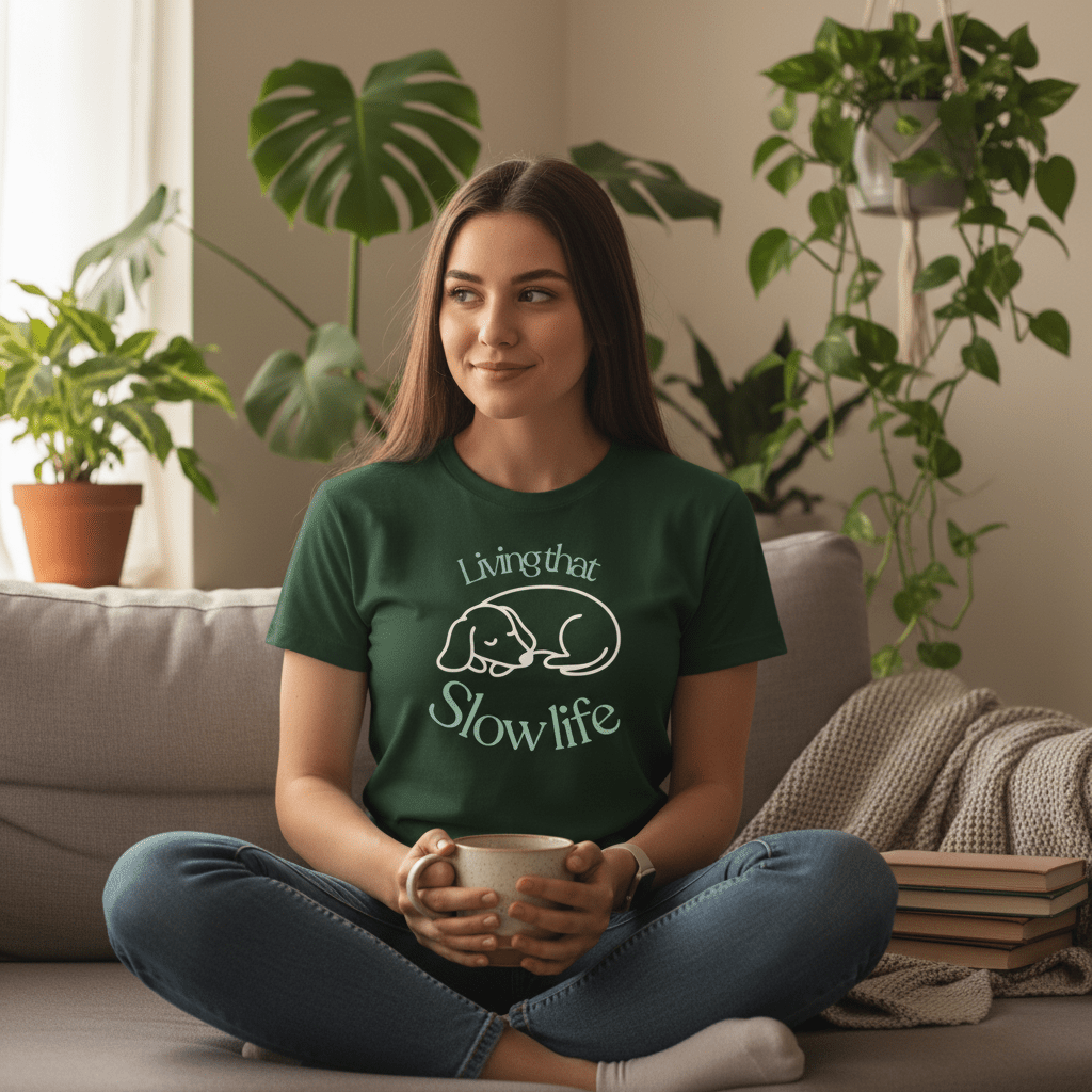 Forest green graphic T-shirt with cat-and-dog icon and “Slow life” text