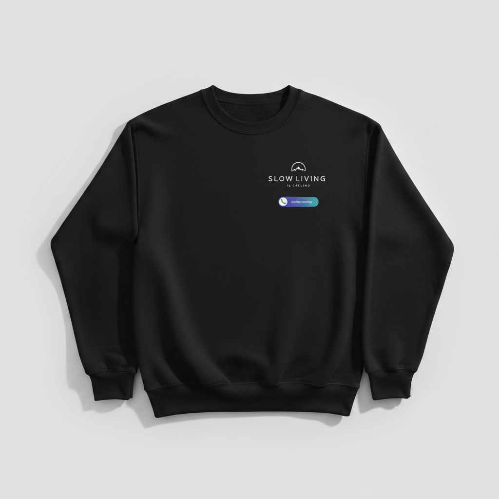 Black crewneck sweatshirt with “slow living” chest print and small badge