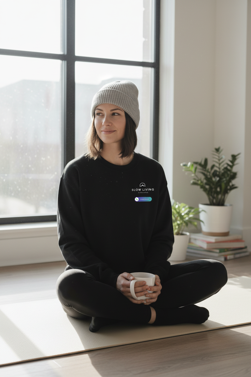 Black crewneck sweatshirt with “slow living” chest print and small badge, worn
