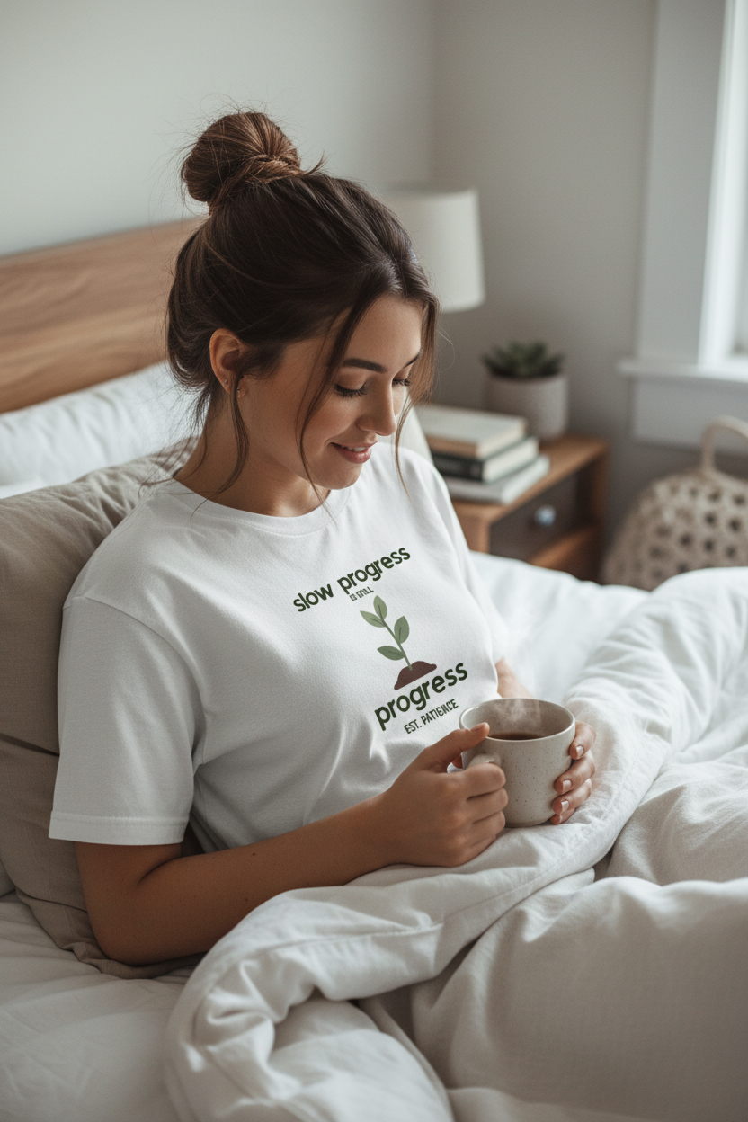 White motivational t-shirt with green plant and “progress EST. PATIENCE” slogan print