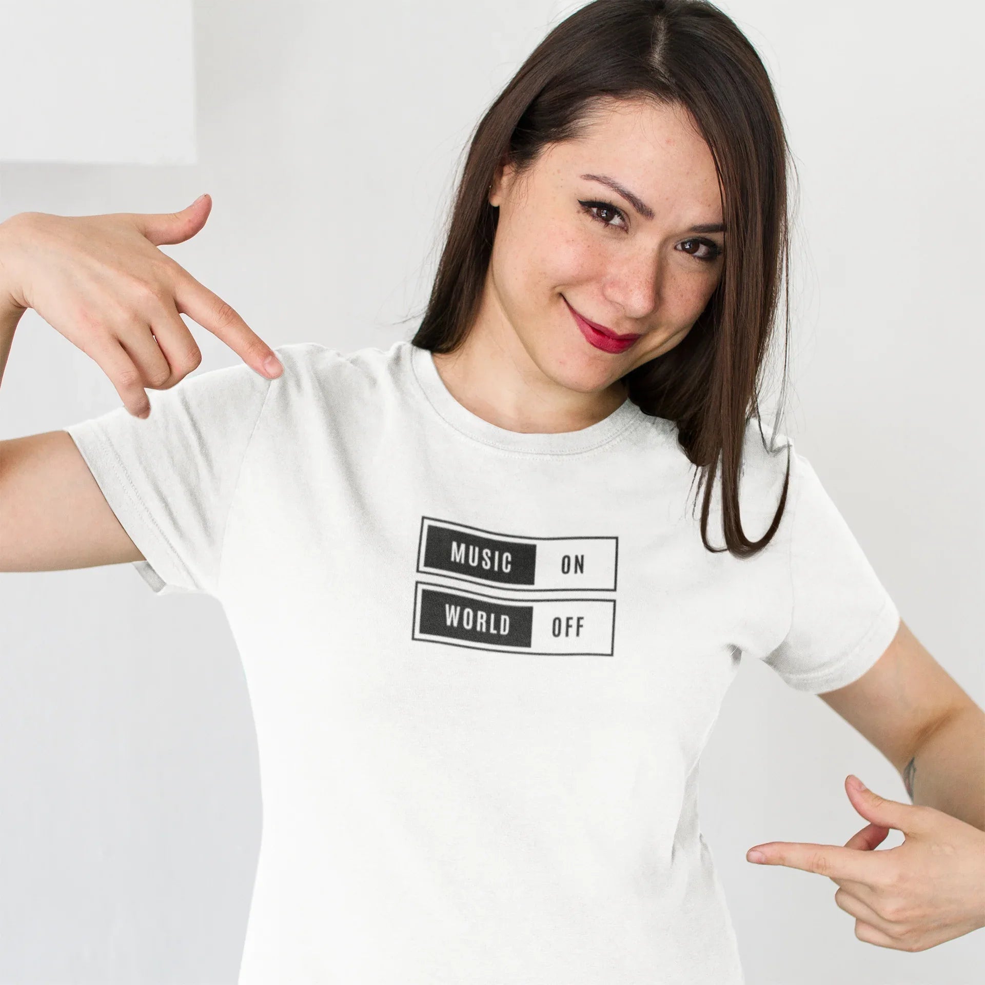 White unisex graphic T-shirt with “MUSIC ON” and “WORLD OFF” box print on chest