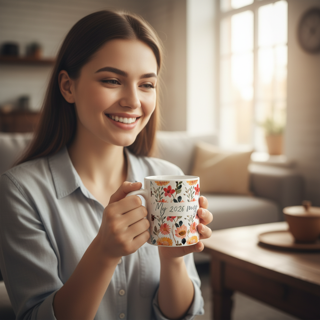 Smiling woman being gifted the mug