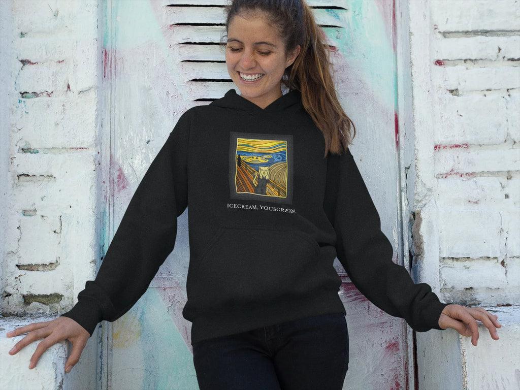 Black pullover hoodie with hood, front colorful square graphic print and small ICECREAM text.