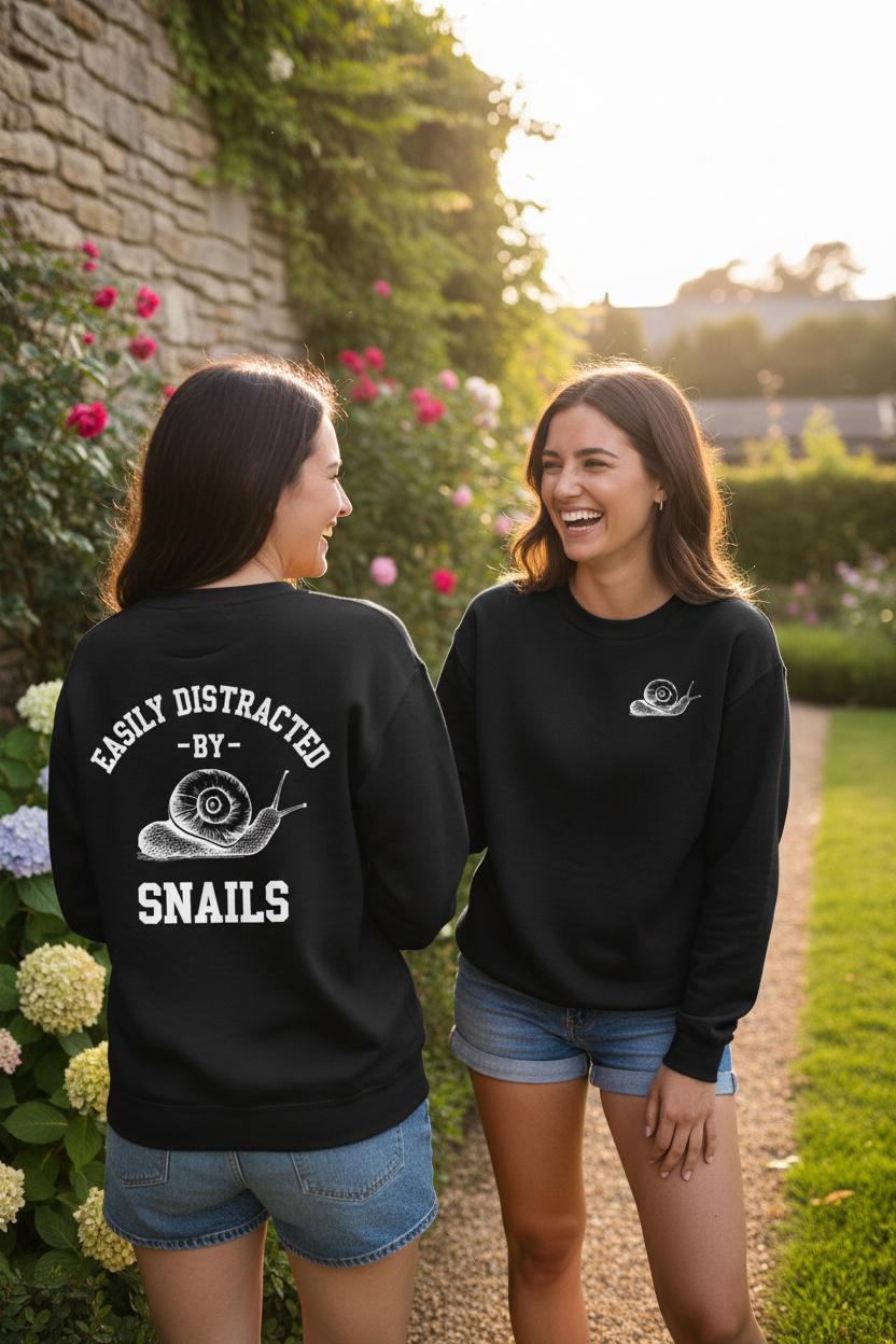 Black crewneck sweatshirt with snail graphic and text on the back