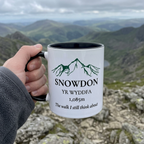 Snowdon mug held on a rocky mountain summit with Welsh mountain scenery behind