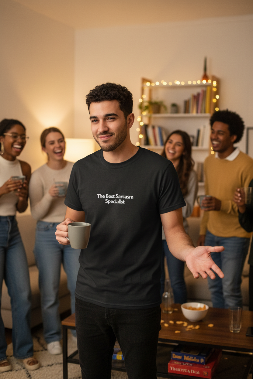Dark charcoal custom text T-shirt with “The Best Sarcasm Specialist” print on front.