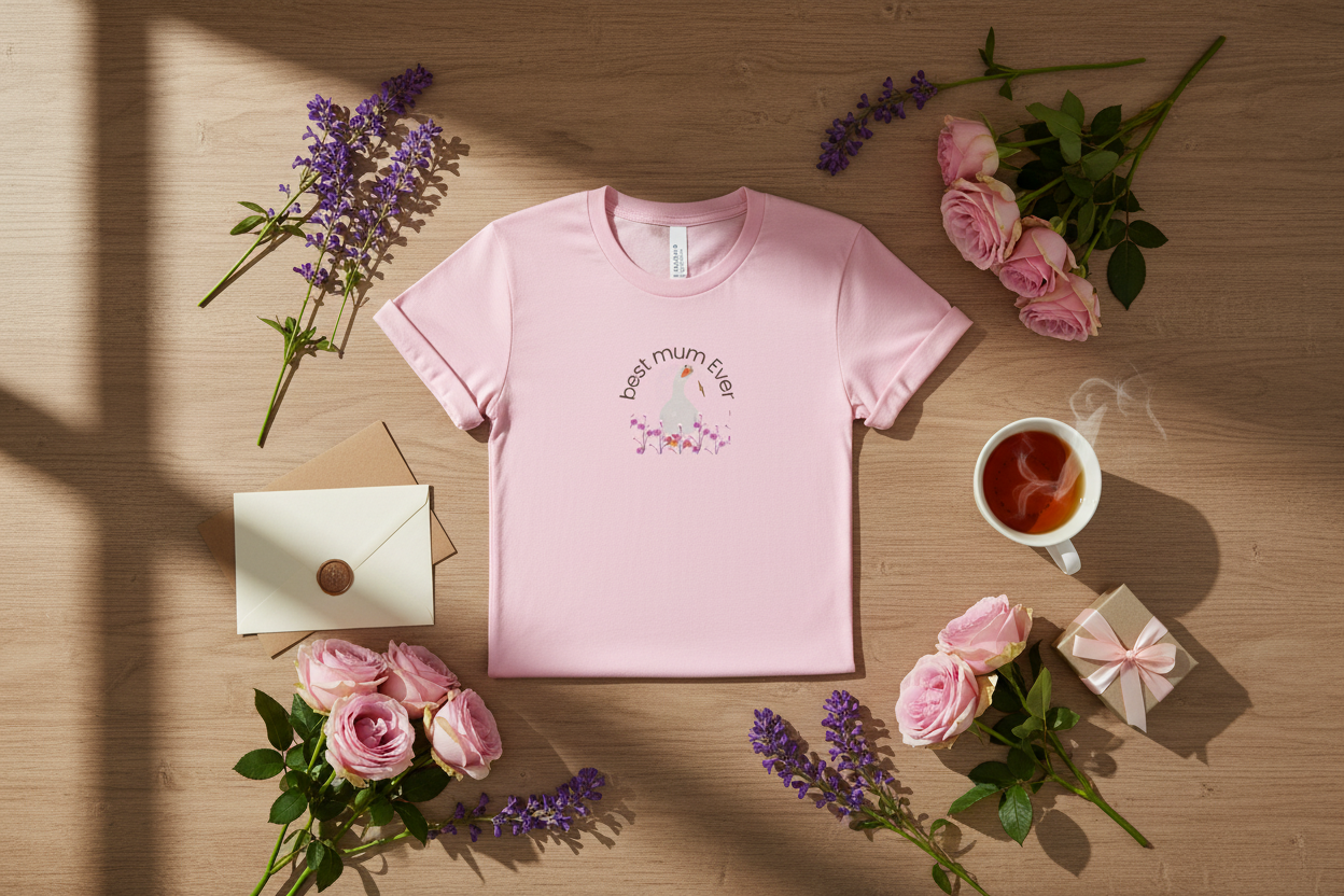 Soft pink duck t-shirt flat lay with Mother's Day styling
