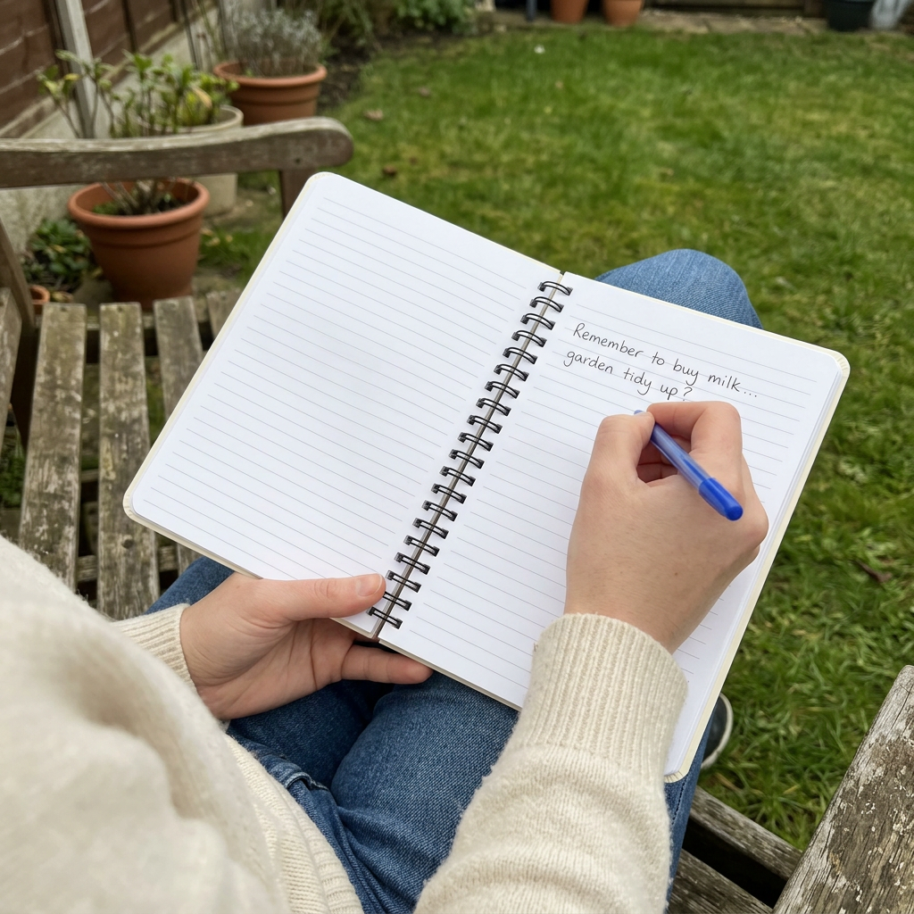 Someone using the open lined notebook on a garden bench