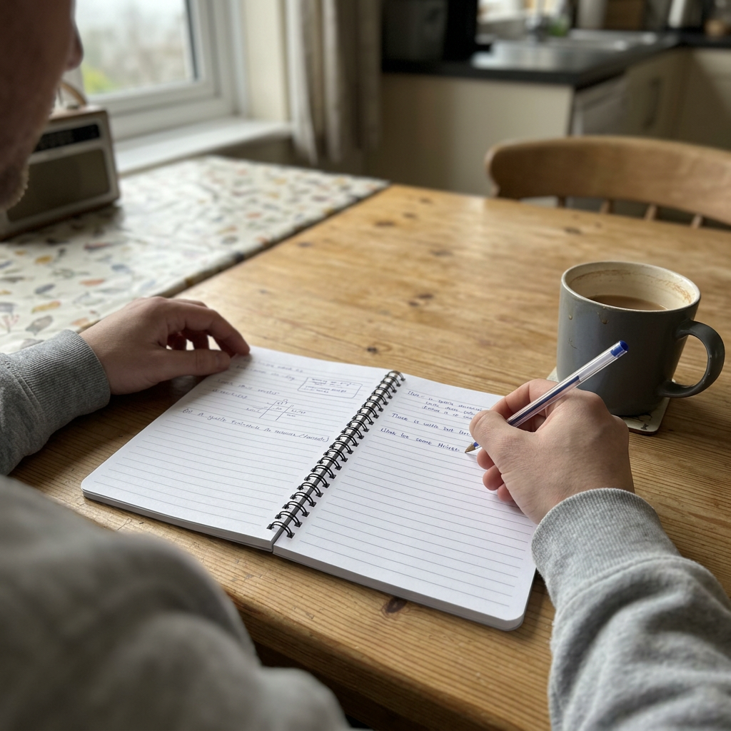 Someone writing in the open lined notebook beside a cuppa