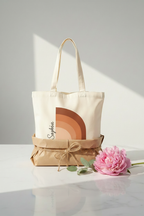 White cotton tote bag with terracotta arch print, upright front view