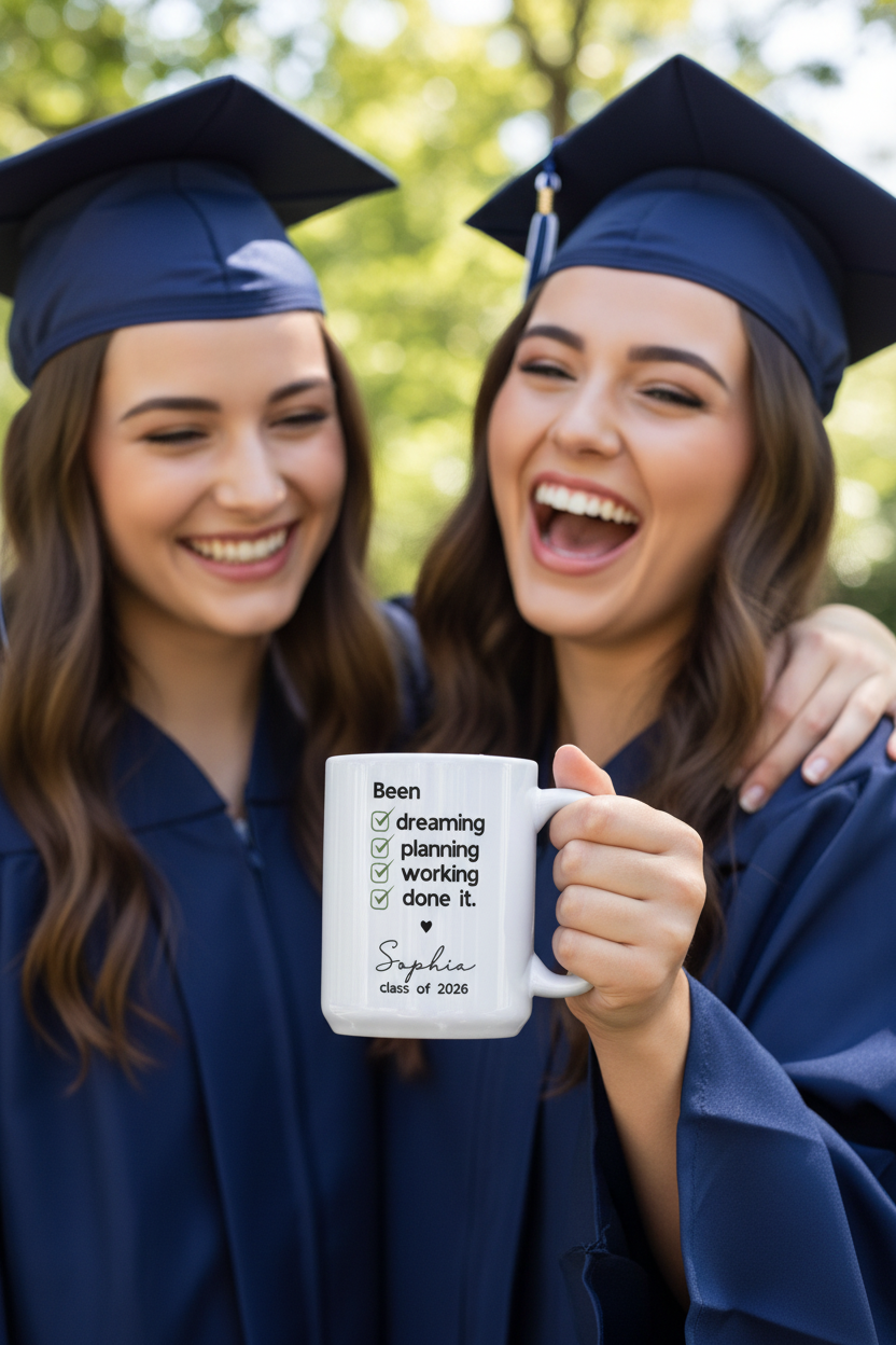 Sophia — graduates holding mug UGC mockup