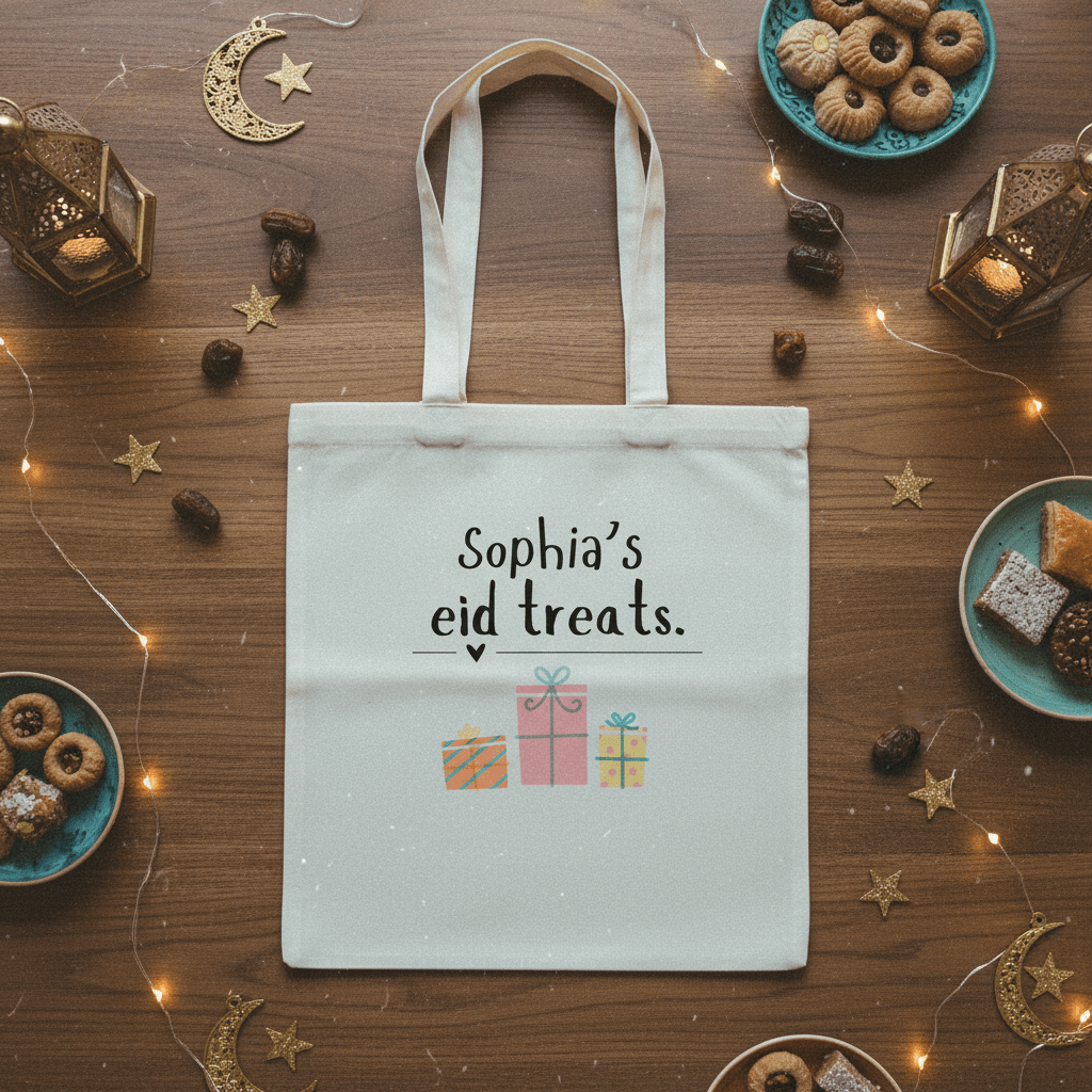 Light blue cotton tote bag with handles and “Sophia’s eid treats” print with gift icons.