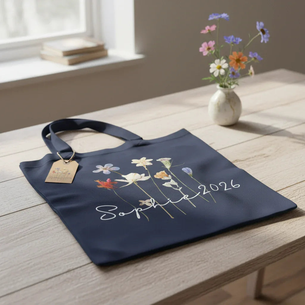Navy cotton tote bag with wildflower print and "2026" date.