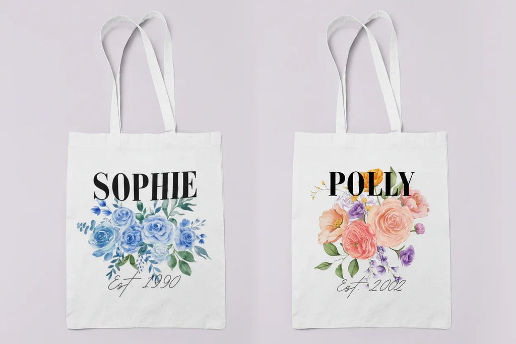 Personalised Floral Tote Bag | Custom Name, Text & Date | Choose Rose Colours | Eco Gift - Alley Crafters